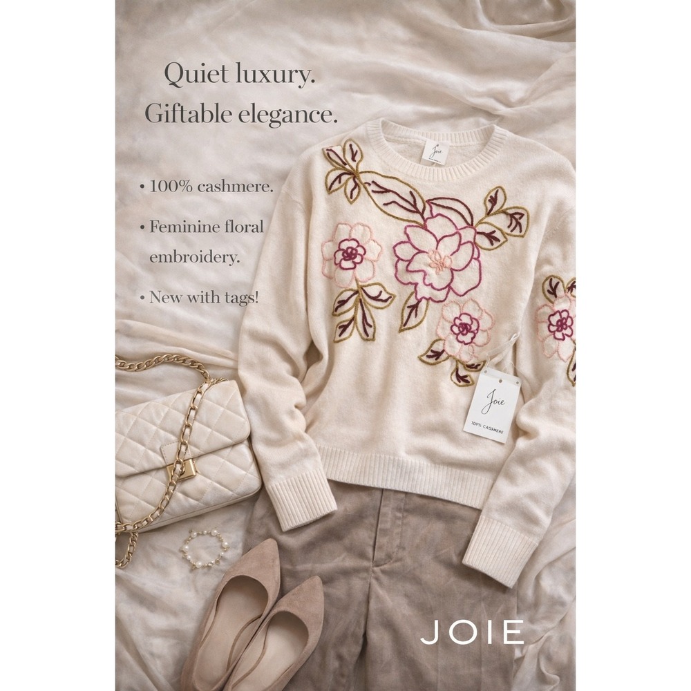 Joie 100% Cashmere Embroidered Floral Sweater NWT Cream Luxury Knit Size S M